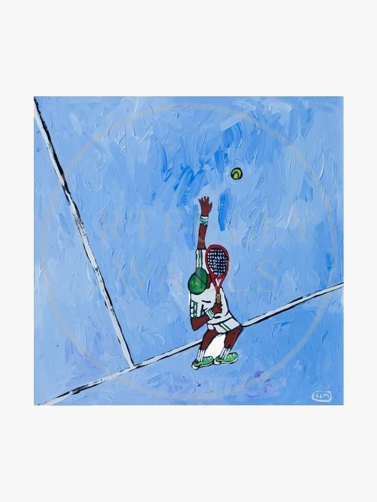 An art piece depicts a tennis player serving the ball.