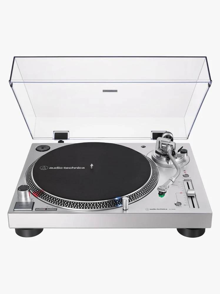 Silver record player.