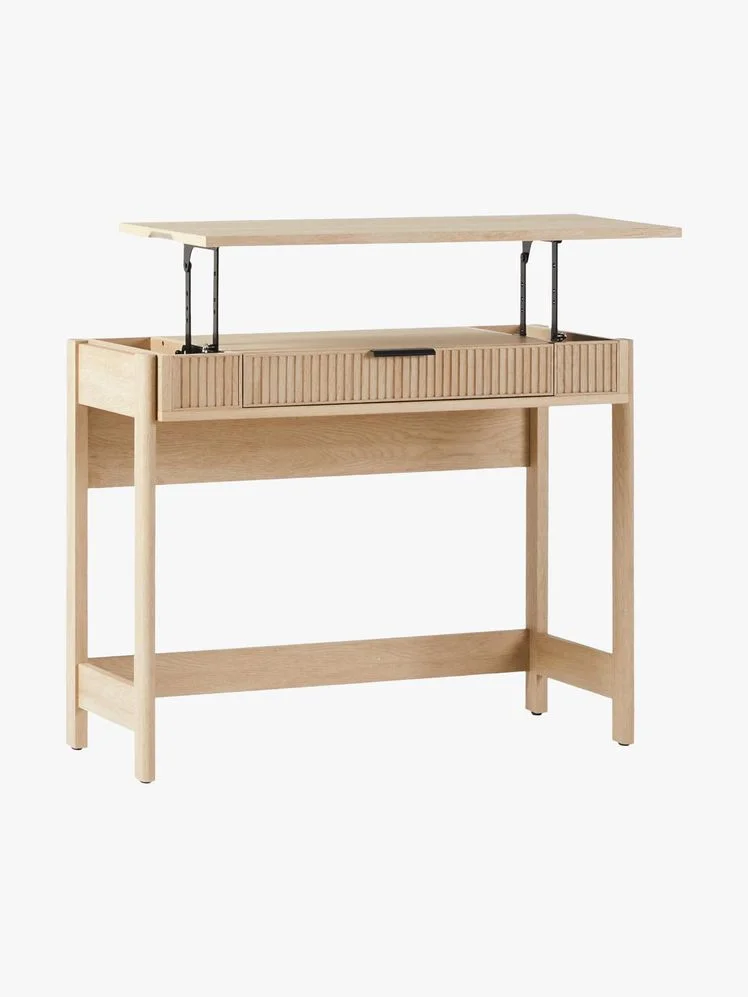 Light wood desk with lift top extended.