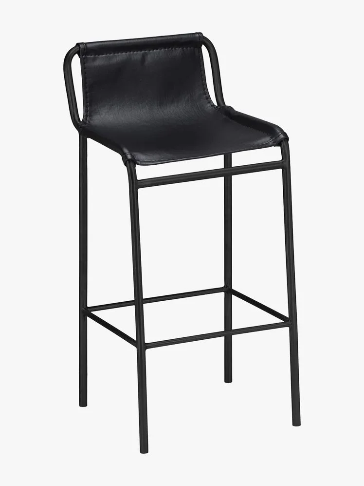 Black counter stool with sling leather seat.
