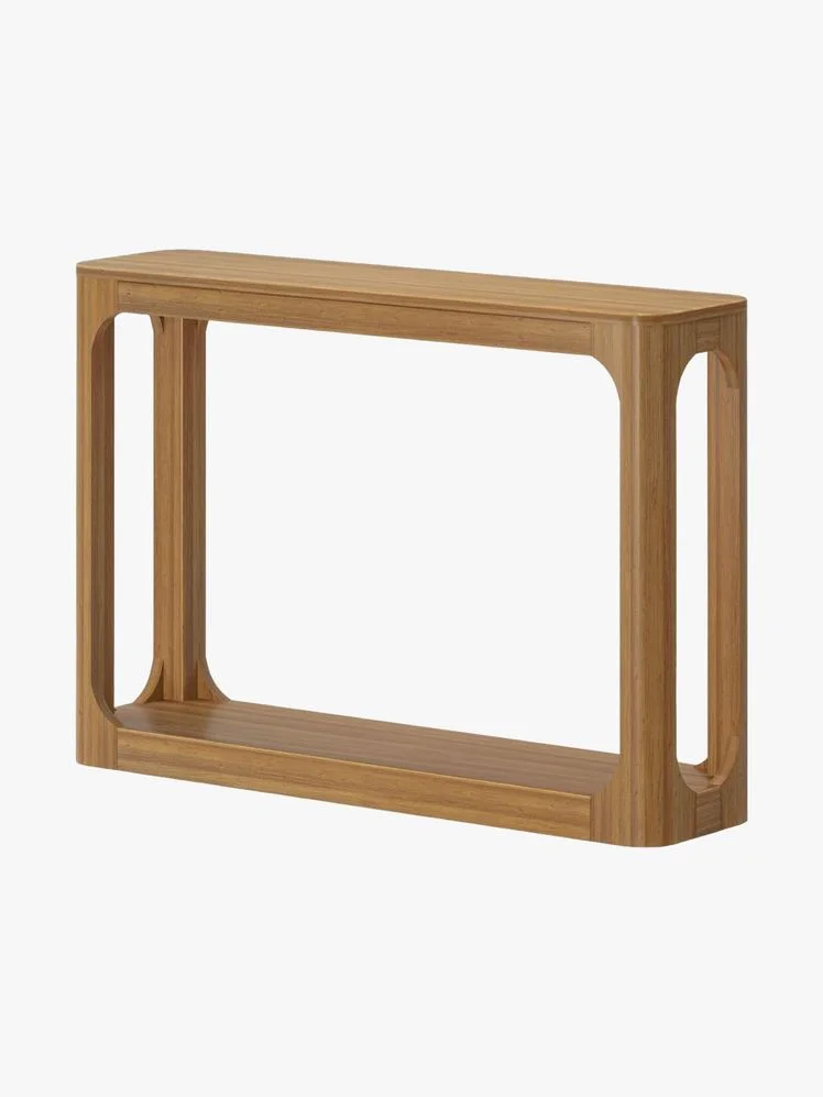 Wood console table with an open center.