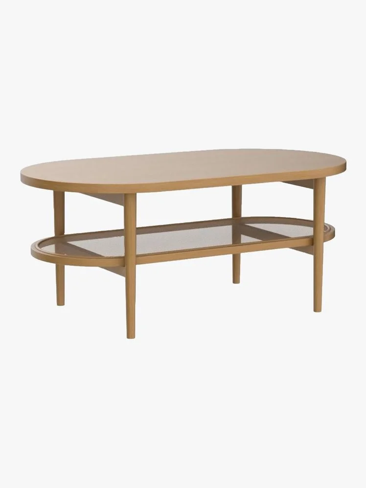 Oval two-tier coffee table with a rattan lower shelf. 