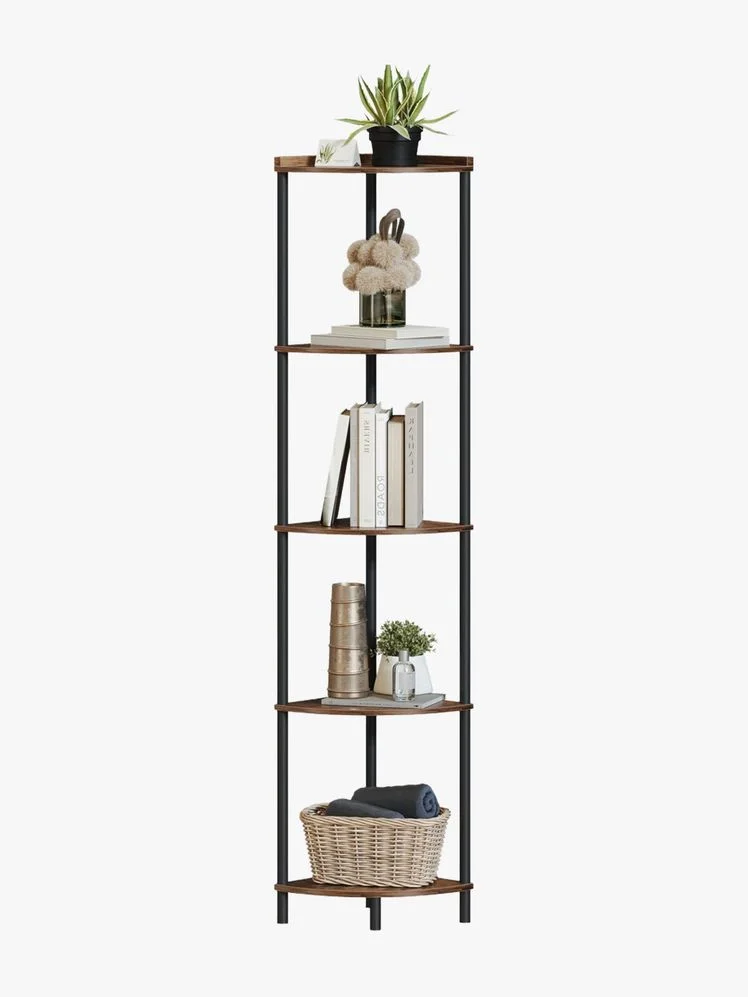 5-shelf corner bookcase with assorted items on each shelf.