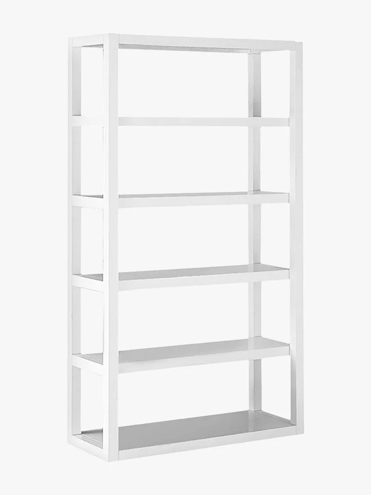 6-tier white open bookshelf.
