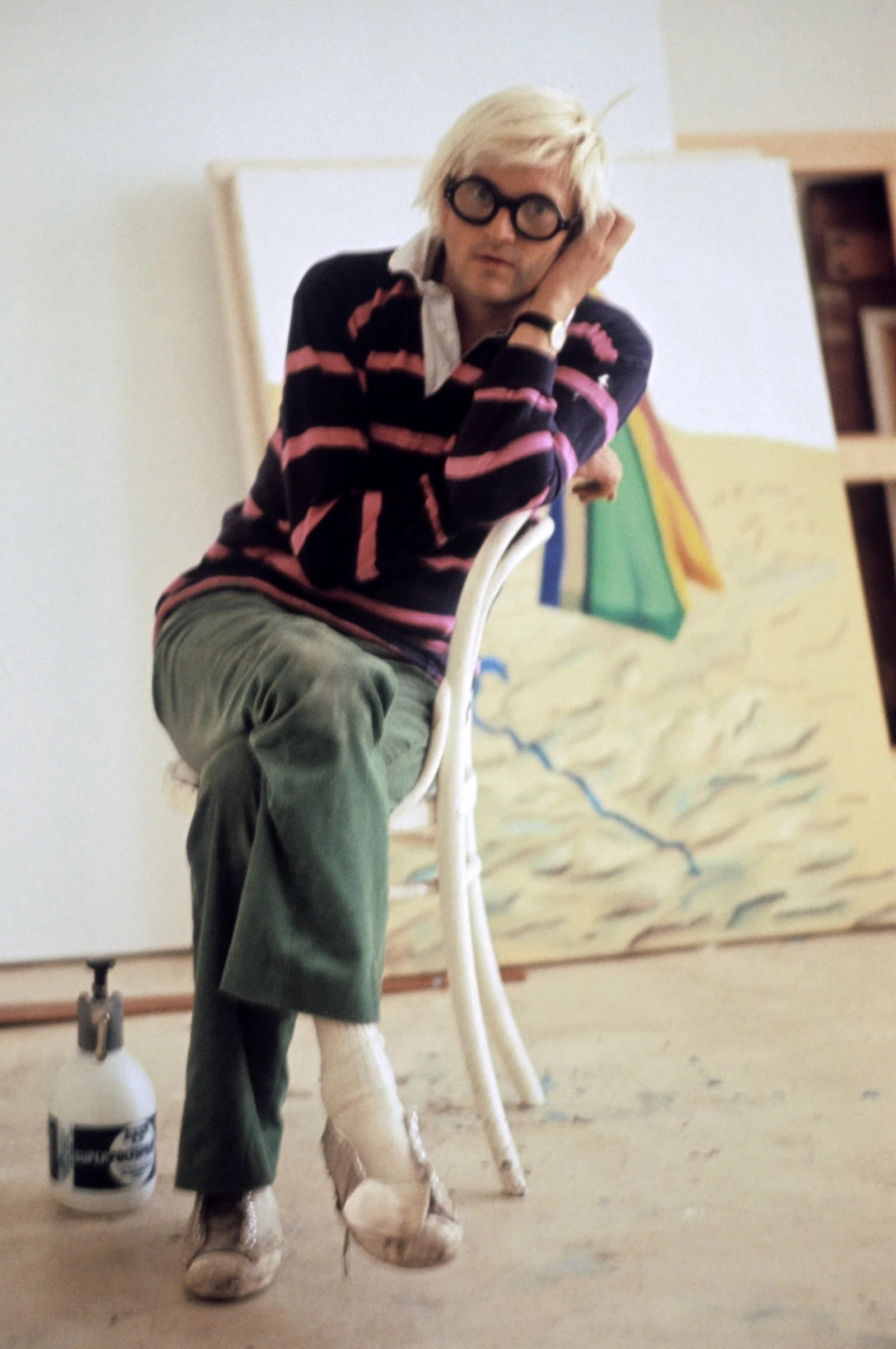 Image may contain David Hockney Face Head Person Photography Portrait Clothing Pants Adult Accessories and Glasses