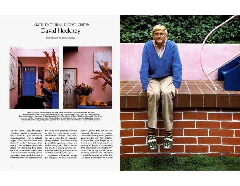 Image may contain David Hockney Plant Potted Plant Brick Clothing Knitwear Sweater Footwear Shoe Pants and Adult